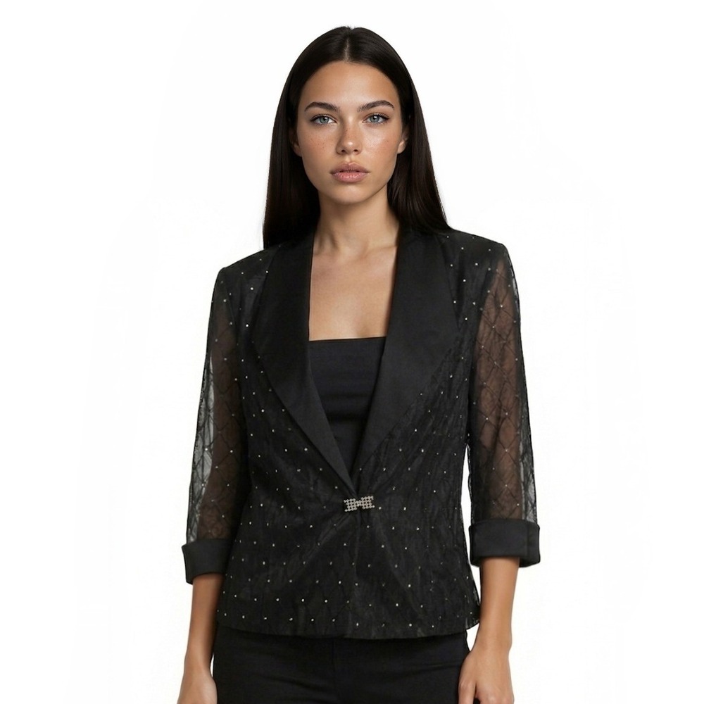 R M Collections Evening Jacket Women's Size 14 Black Sheer Mesh Rhinestone